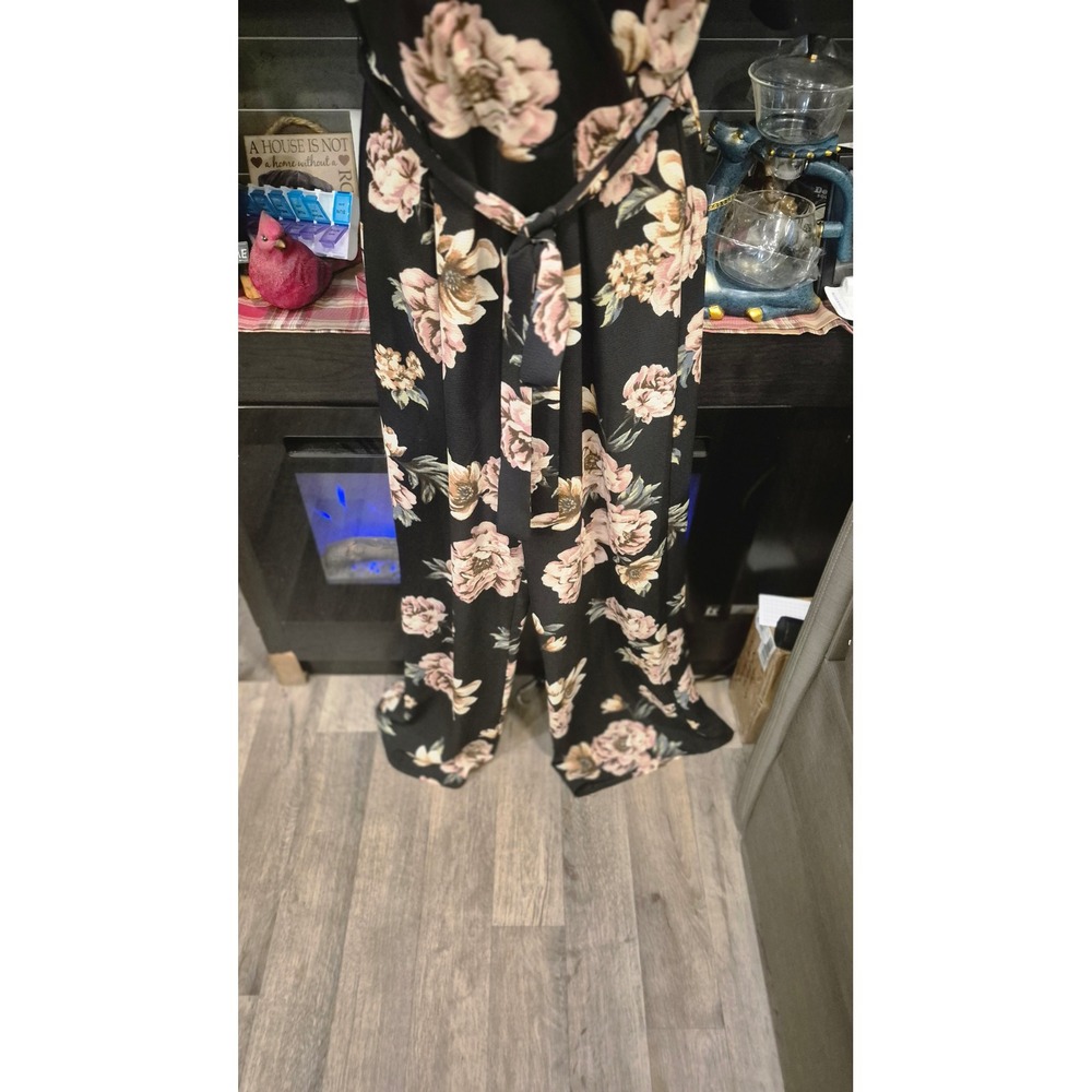 Black Floral Wrap Romper Wide Leg Boho Chic Belted Flowy Jumpsuit western flow S - Picture 4 of 12